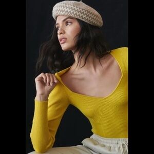 By Anthropologie Citron Ribbed Sweetheart V-Neck Sweater Top Neon Yellow Green M